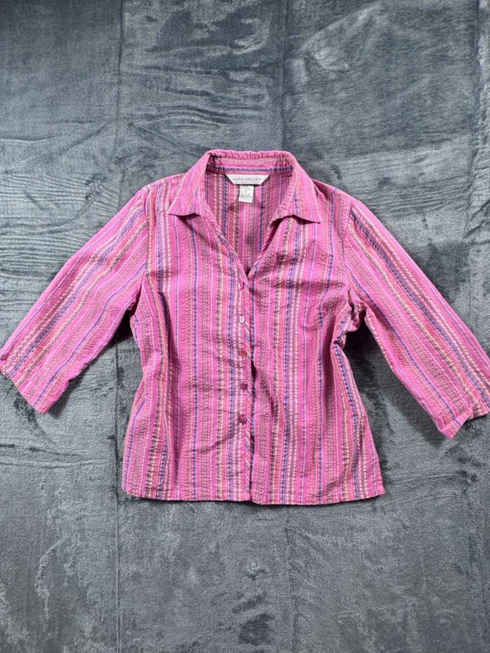 Napa Valley Vintage 100% Cotton Pink Multicolor Stripe Seersucker Button Shirt M